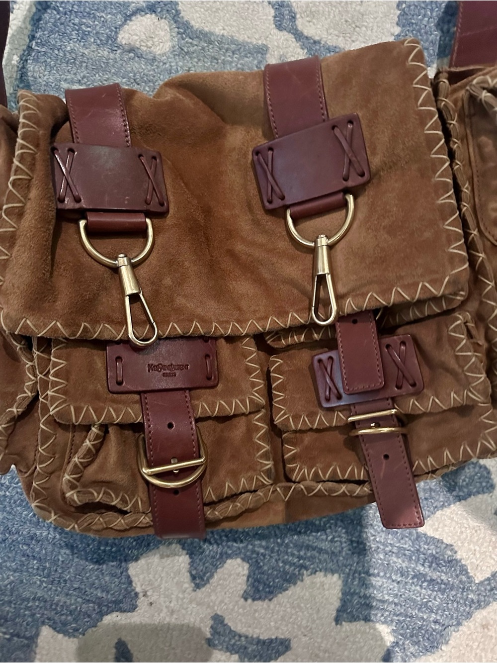 Yves Saint Laurent Brown Suede Shoulder Bag with Dark brown Leather Trim - Picture 2 of 9